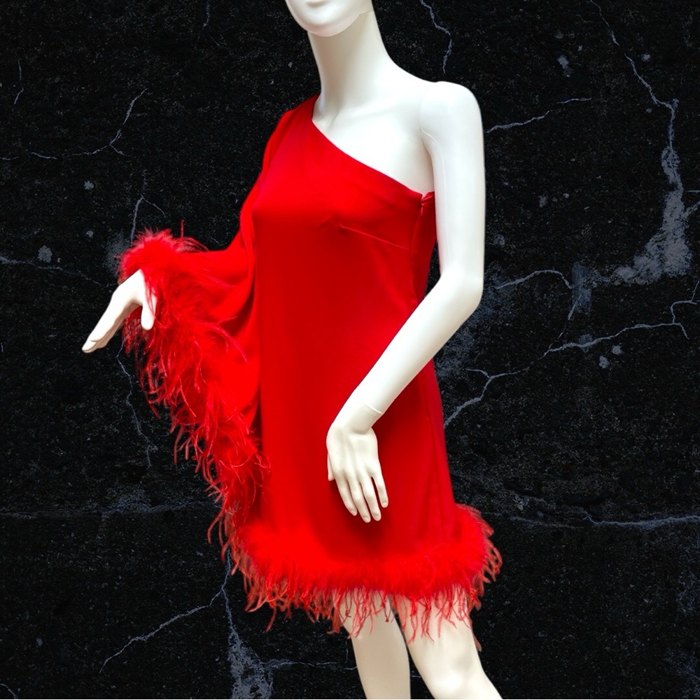 ✨ Antonio Melani Cosima Feather Trim One-Sleeve Mini Dress - Size 0 (Red) (NWT )